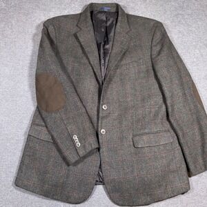 Jos A Bank 1905 Sport Coat Mens 46R Grey Plaid Wool Elbow Patch Tailored Fit